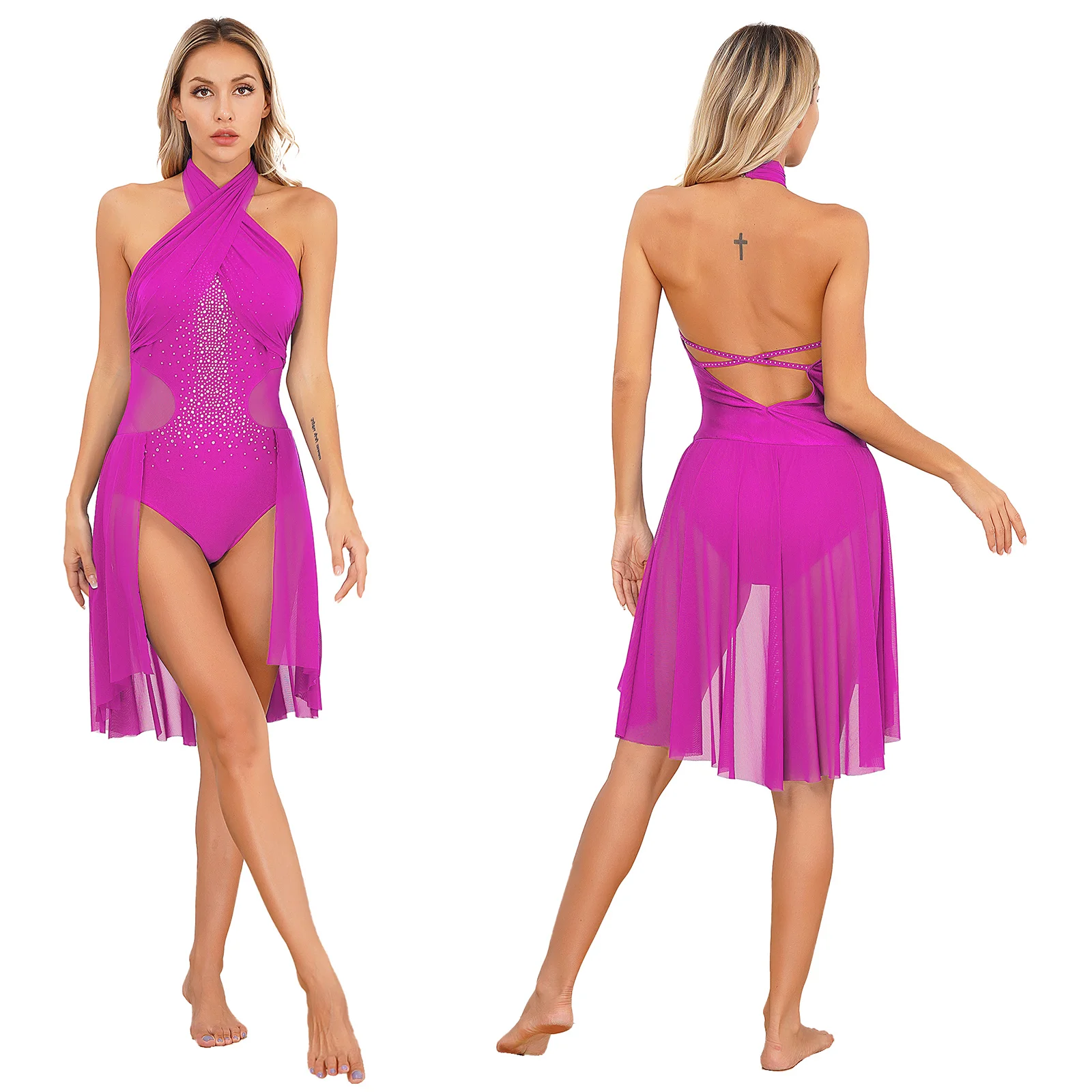 Женский современный Lyrical танцевальный костюм шифоновое Сетчатое лоскутное трико