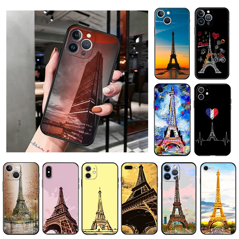 

Silicone Black Phone Cases Cover for iPhone 11 14 Pro Max 12 13 Mini XR SE 7 8 6 6s Plus XS X 11Pro Unique Style Eiffel Tower