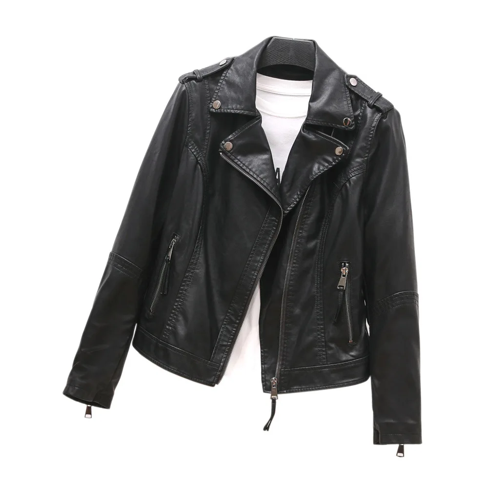 2023 autumn clothes new women's lapel short basic leather jacket simple epaulettes jacket