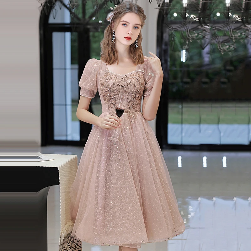 

LAMYA Princess Tea Length Evening Party Dresses Fashinable Pearl Beads Plus Size Appliques Formal Gown Robe De Soiree