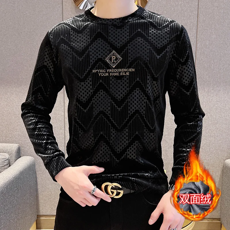 

5XL-M Вельветовая полосатая футболка для мужчин с длинным рукавом, Повседневный пуловер, утолщенная теплая водолазка, футболки, футболки, топ...