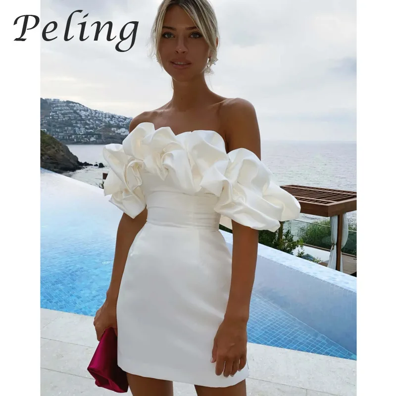 

Peling White Ruffles Women Dress Sleeveless Elegant Evening Dresses Off Shoulder Bodycon Fashion Sexy Robe Short Dress Vestidos