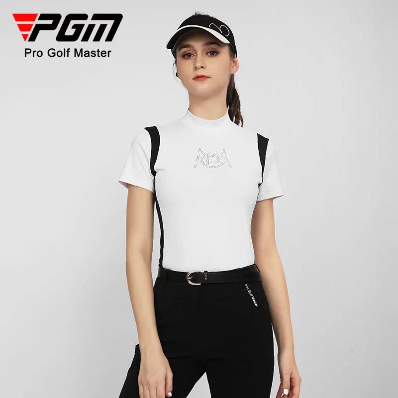 

PGM Golf Women's Short Sleeve T-shirt Summer Breathable Mock Neck Sports Stretch Top Shirts