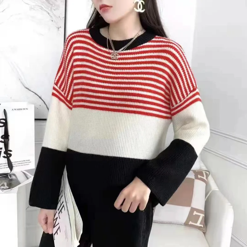 

Пуловер Осень-Зима с длинным рукавом в полоску цветной контрастный свитер женский 2023 СВОБОДНЫЙ Модный пуловер Повседневный свитер женский топ