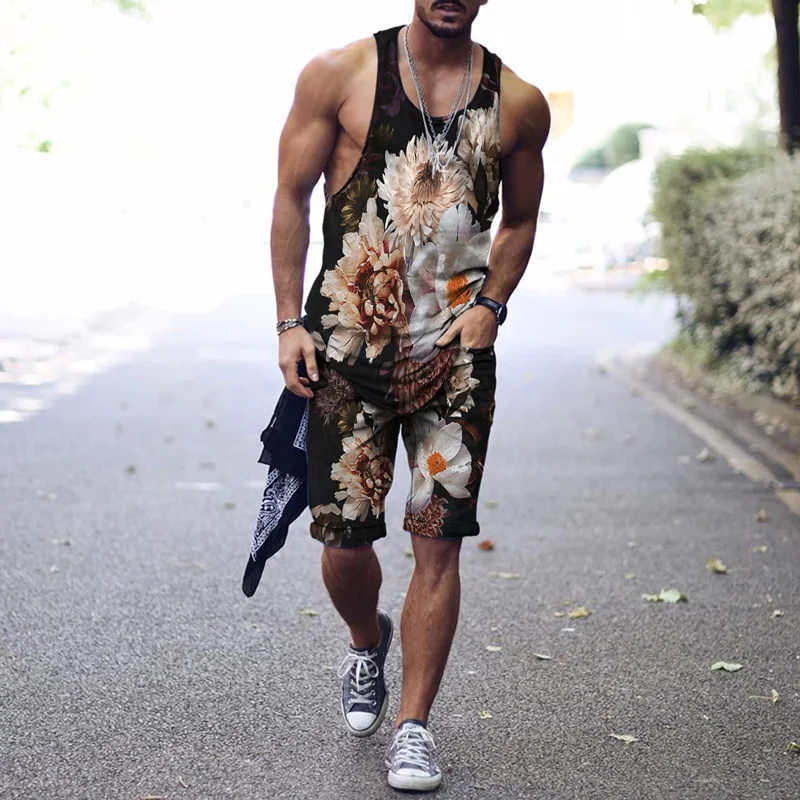 Men's Vest Suit 2022 Summer New Retro Sleeveless + Shorts Two-piece Fashion 3D Floral Harajuku Print Sportswear Fitness Clothing