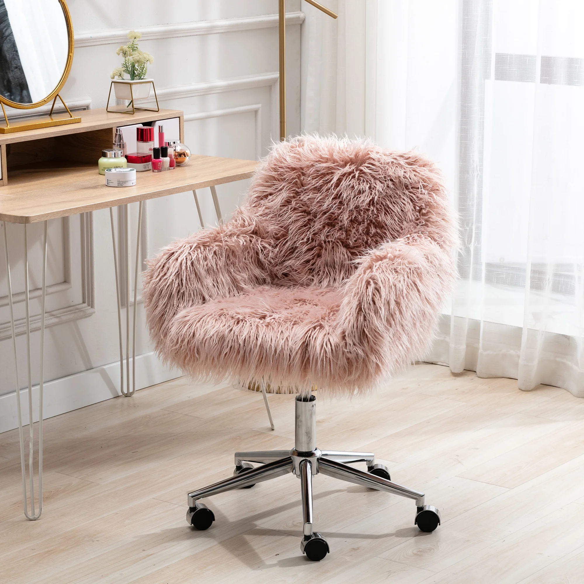 

Modern Faux Fur Home Office Chair, Fluffy Chair For Girls Makeup Vanity Chair Office Chair Living Room 360 Degree Swivel Roller