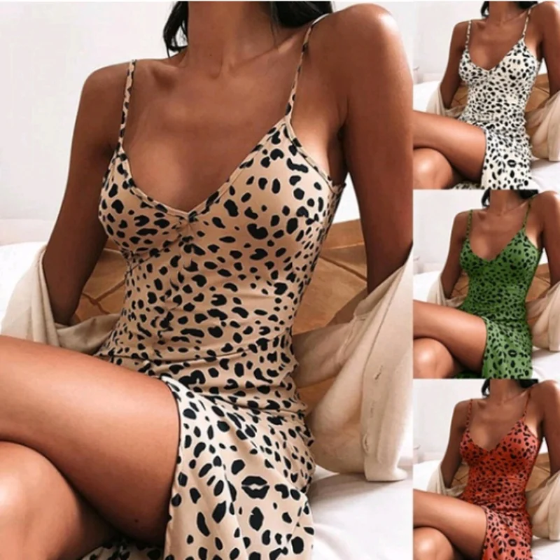 

2022Summer New European and American Style Leopard PrintvCollar Trendy Suspender Dress