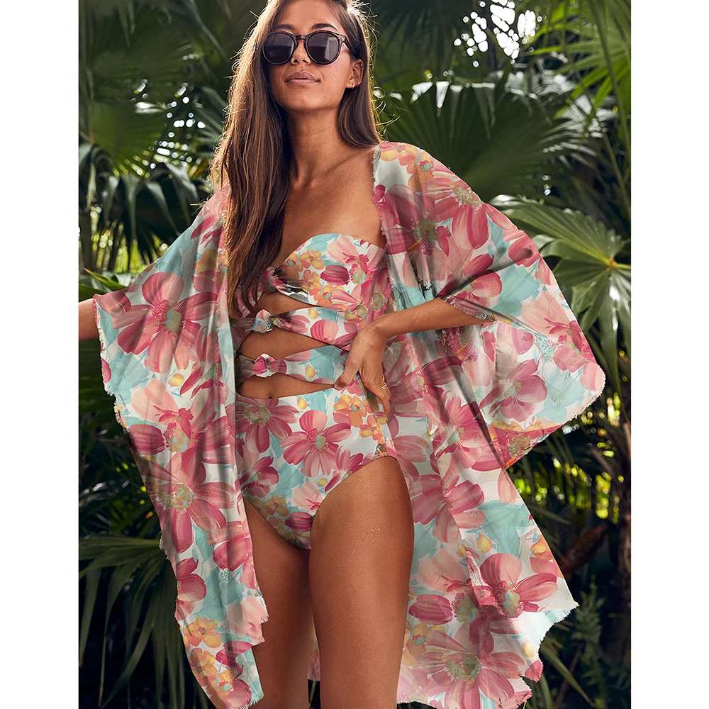 

Leaves Print Swimsuit Beach Cover Up Tunics for Beach Long Kaftan Bikini Cover Up Robe De Plage Sarong Beach Swimsuit Cover-Ups