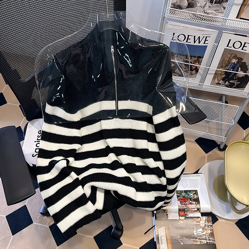 

Женская водолазка вязаный свитер на молнии осень-зима 2023 Новинка Модные свободные женские пуловеры в полоску с длинным рукавом P985
