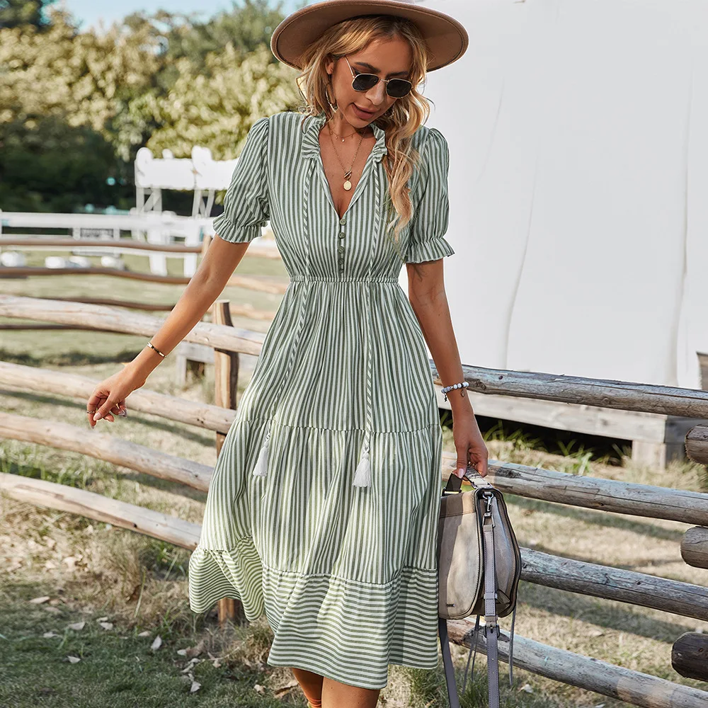 

New Summer Fashion Stripe Print V Neck Loose Comfortable Women Dresses