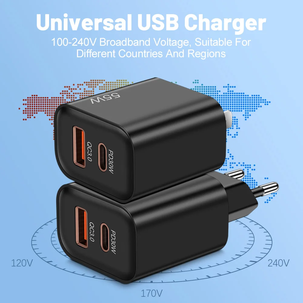 55 Вт PD Fast USB Charge Charger 2 порта EU US Plug Настенное зарядное устройство Адаптер для iPhone Xiaomi Huawei Samsung USB C Зарядное устройство для телефона (art.: 3920cce4fda59) - 3920cce4fda59