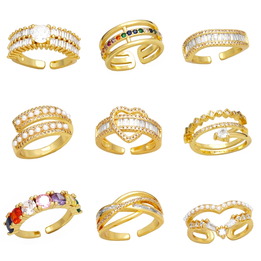 FLOLA медные циркониевые Кристальные кольца AAA для женщин позолоченные кольца в форме сердца Регулируемые кольца CZ Ювелирные изделия Подарки для нее rign59