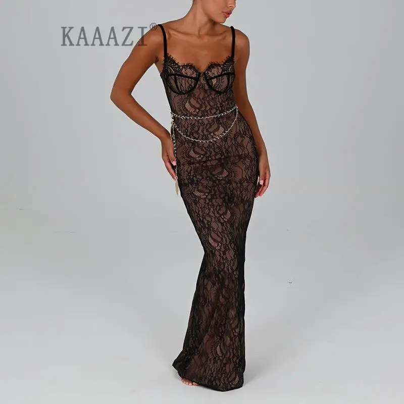 

KAAAZI Elegant Lace Print Maxi Dress Women Spaghetti Strap Sleeveless Backless Bodycon Long Dress Club Party Sexy Evening Gown