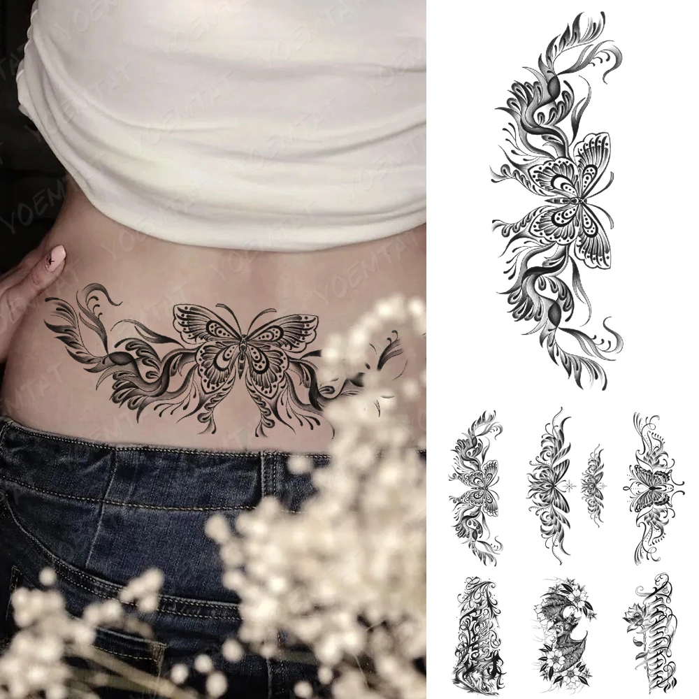 

Водостойкая Временная тату-наклейка, черная линия, Бабочка, роза, цветок, тату, талия, тотем, боди-арт, татуировки на руку для женщин и мужчин