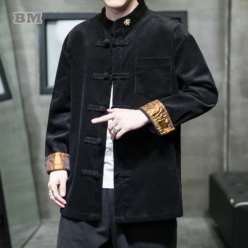 

Chinese Traditional Dress Plus Size Corduroy Coat Men Clothing Retro Ethnic Oversized Jacket Text Embroidery Black Tang Suit