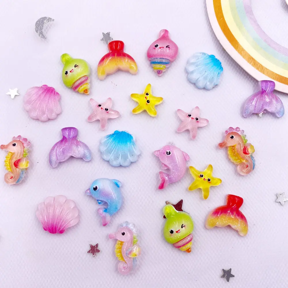

50 шт., мини-красочный хвост русалки из смолы, морская звезда, морской конек, раковина, мультяшная фигурка с плоской задней частью, дизайн ногтей, сделай сам, скрапбук, поделки OL8