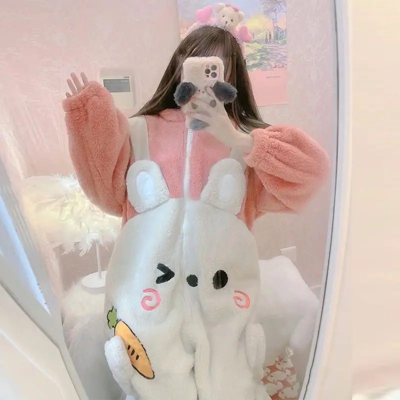 Kawaii Animal Pajamas Onesies Long Eared Rabbit Cartoon Sleepwear Cosplay Zipper Women Winter Flannel Overall Onepiece Jumpsuit