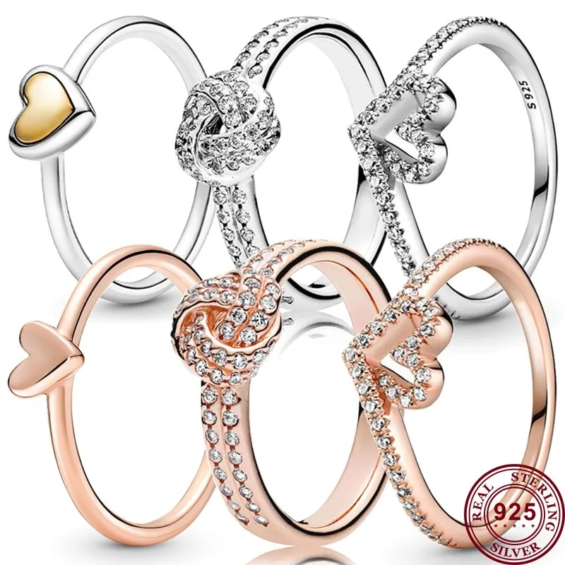 

New 925 Silver Exquisite Hand-painted Love Heart Knot Wishing Bone Women's Ring Wedding Gift High Quality Fashion Charm Jewelry