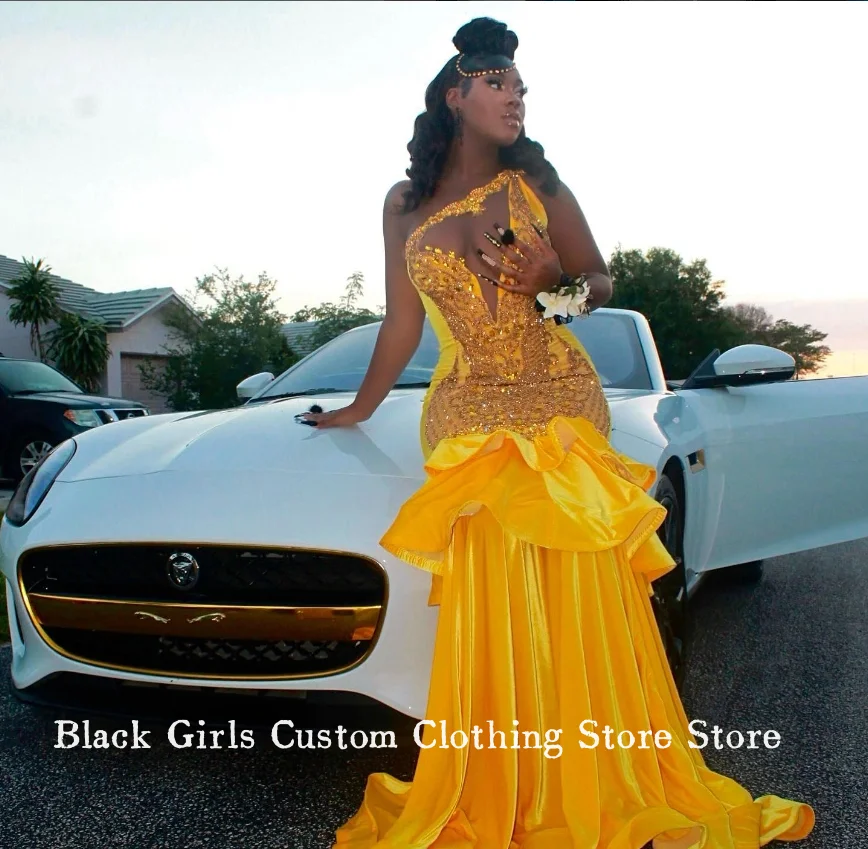 Блестящее Золотое платье с оборками для выпускного вечера 2024 черных девушек