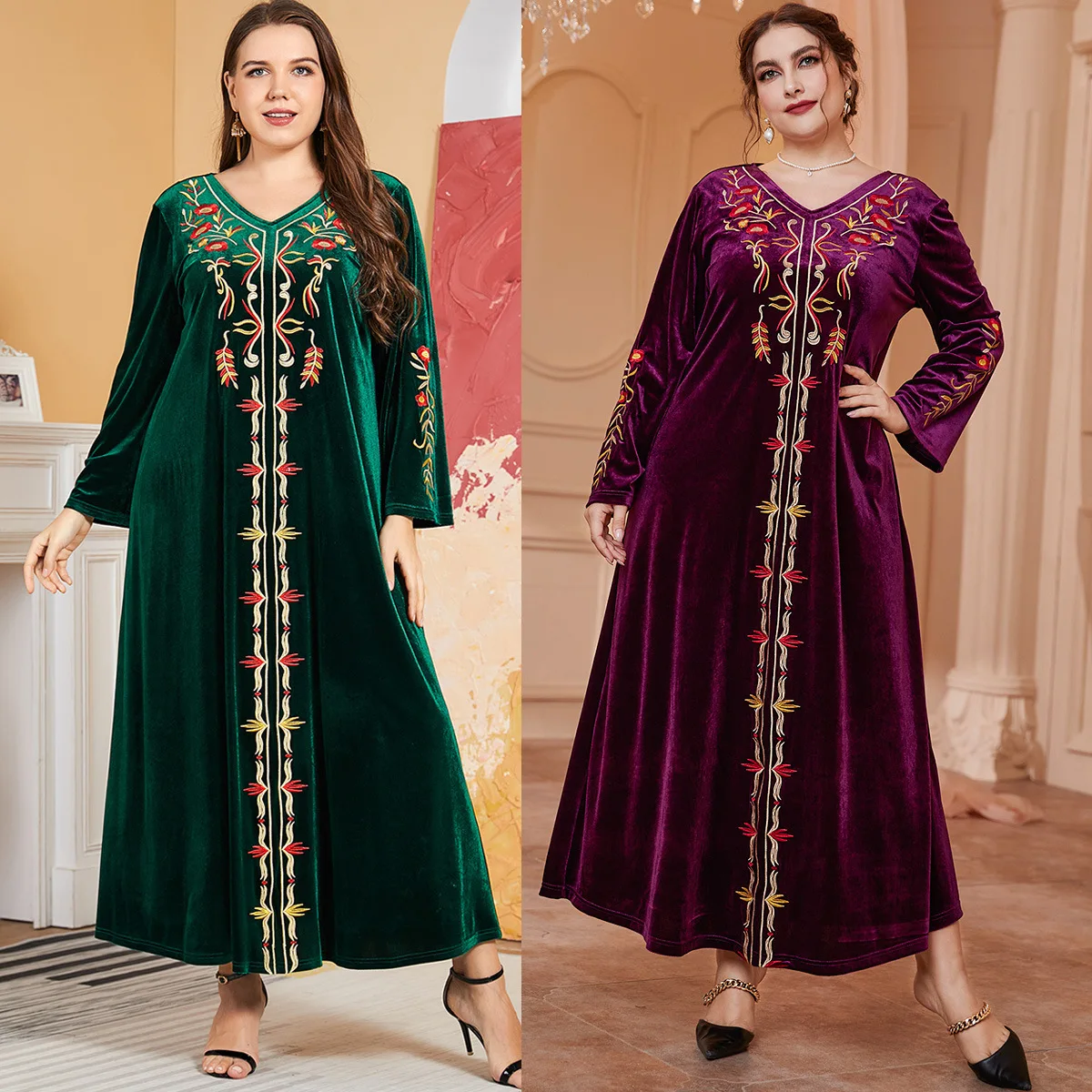 Spring Autumn Embroidery Velvet Dress Traditional Festival Indie Folk Dress V-neck Floral Women Dresses Pray Clothing Robe Arab