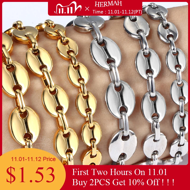 

7/9/11mm Stainless Steel Coffee Beans Marina Link Chain Bracelet for Men Women Gold Color Silver Color Jewelry US Stock HKBM169