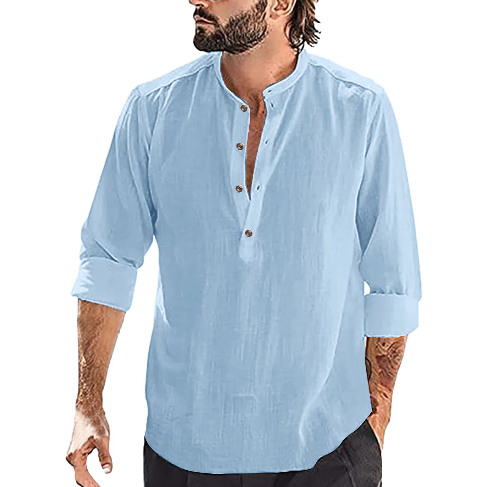 

Neck Shirt Men Fashion Casual Top Shirt Simple Comfortable Solid Color Button Collar Shirt Top Loose Elegant Top