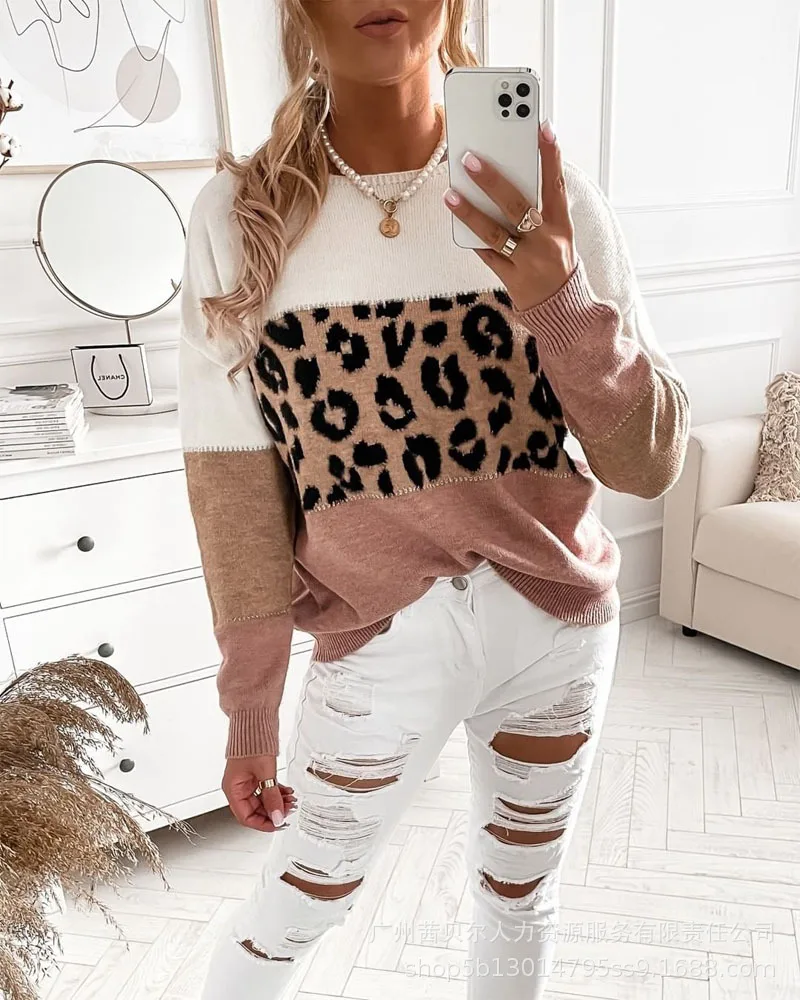 

Stitching Leopard Print Women'S Spring And Autumn Sweater 2022 Female Causual Office Long Sleeve Top Lady New Fashion