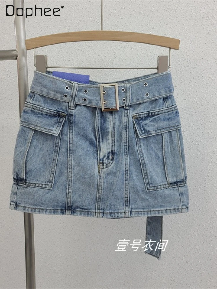 

Sexy Workwear Jean Mini Skirt Female 2022 Summer New Women's Anti-Emptied Pantskirt Slimming Sheath Short Denim Skirt with Belt