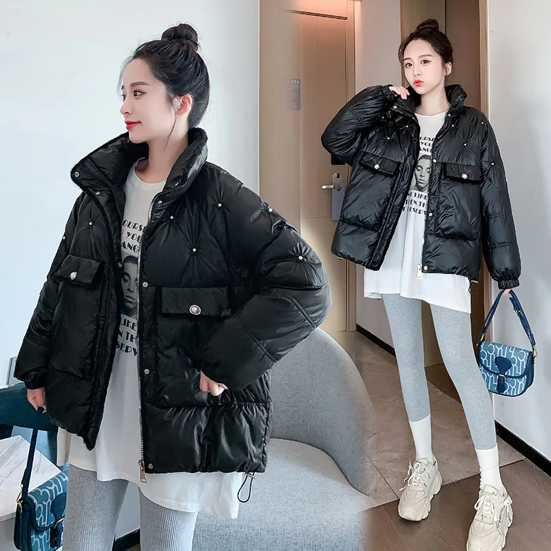 Winter Woman Short Waterproof 2022 New Women's Beaded Bright Down Padded Jacket Korean Style Loose Padded Big Pocket Jacket