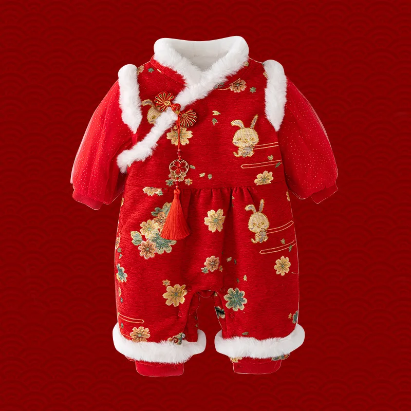 Baby's Winter Clothes, Velvet Thickened One-piece Clothes, Girls' Red Chinese Style Cotton Padded Clothes