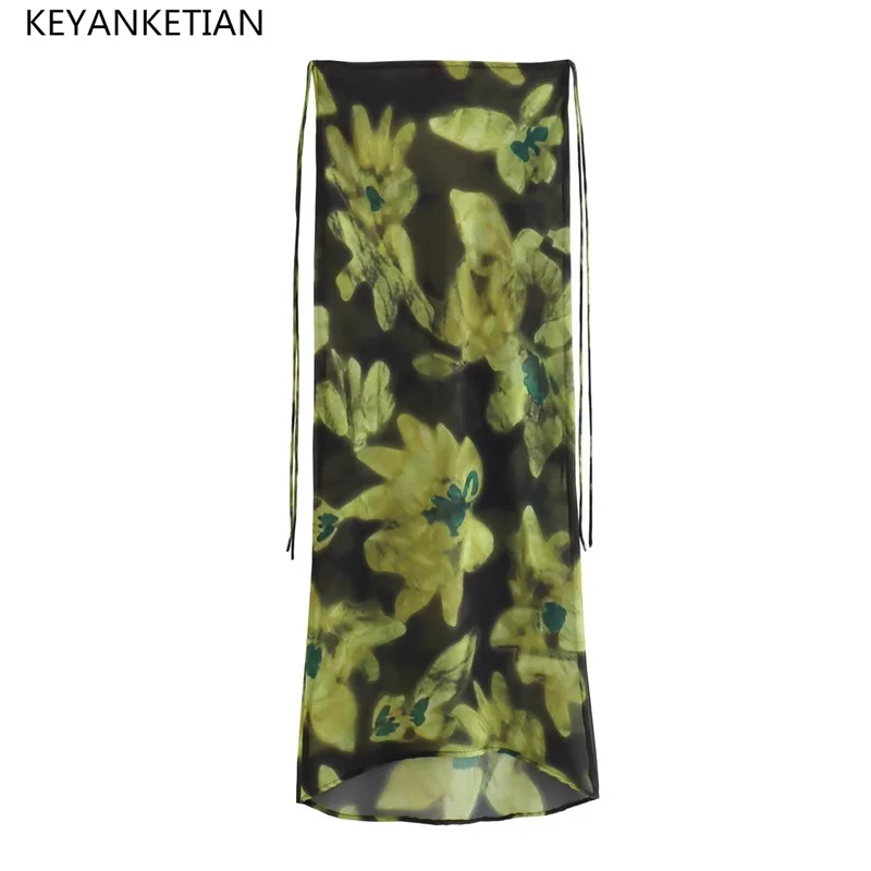 

KEYANKETIAN Summer New Lace-Up High-Waisted Silk Satin Texture Printed Half Skirt Women Retro Style Asymmetrical Ankle Skirt