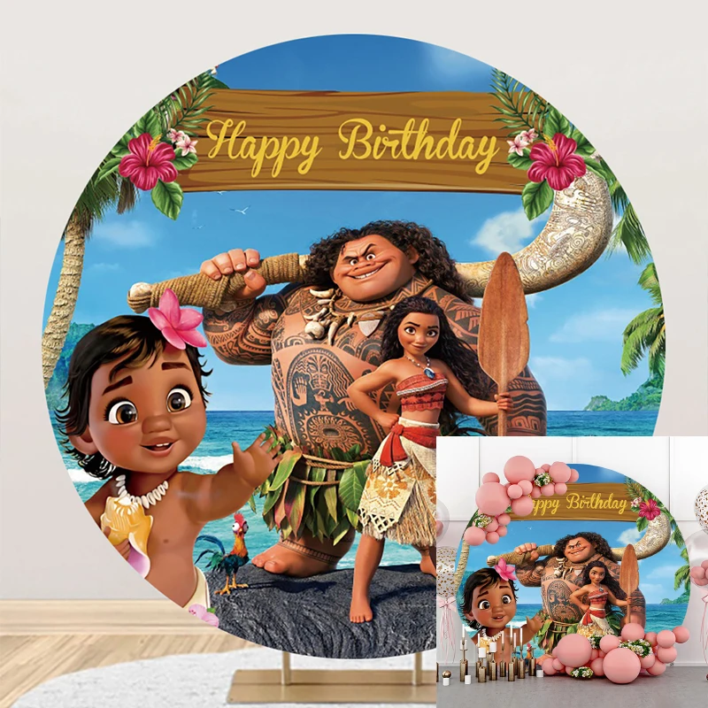 

Disney Princess Baby Moana Ocean Circle Background Birthday Party Decoration Banner Round Photography Backdrop Photo Studio