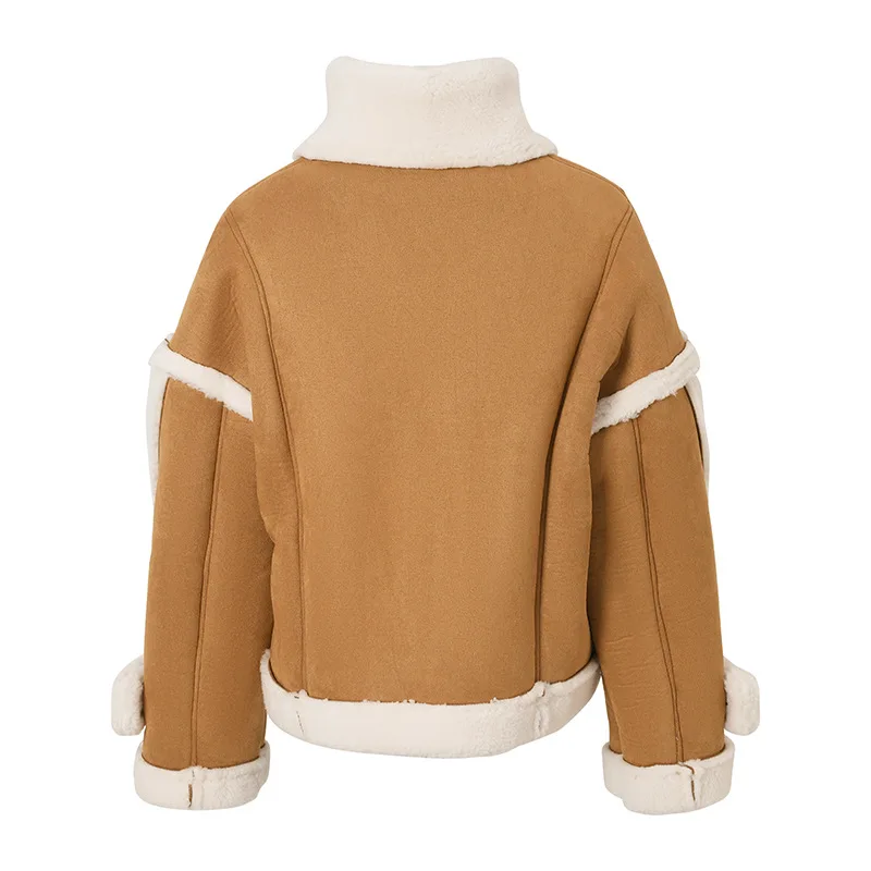 KoHuiJoo 2022 Winter New Lambswool Outerwear Women Stand Collar Suede Fashion Loose Thick Cotton Padded Coat Woman Horn Buckle