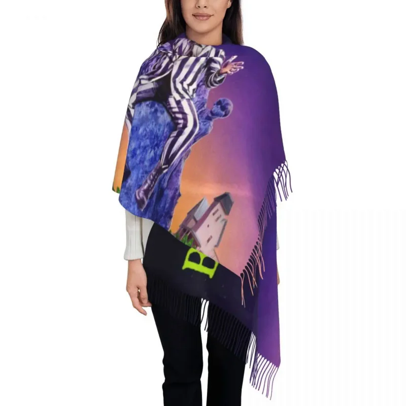 

Stylish Beetlejuice Tassel Scarf Women Winter Fall Warm Shawls Wraps Ladies Horror Movie Film Tim Burton Scarves