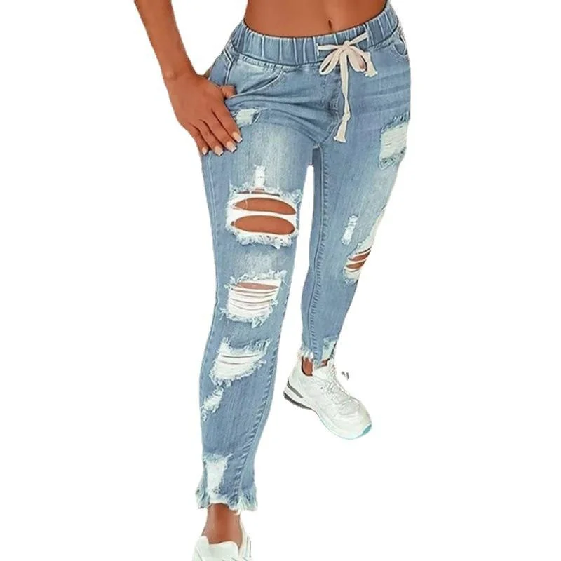 Women's Jeans Elastic Waist High Waist Ripped Jeans Slim Lace-up Pants Denim Pants Stretch Ripped Skinny Denim Jeans for Female