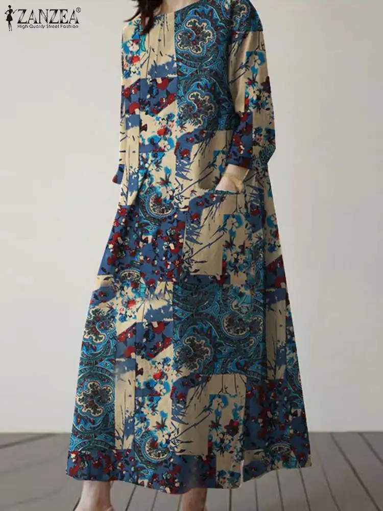 

Женский Свободный Повседневный Сарафан с цветочным принтом ZANZEA, винтажное платье миди с длинным рукавом в богемном стиле, ретро-кафтан на о...