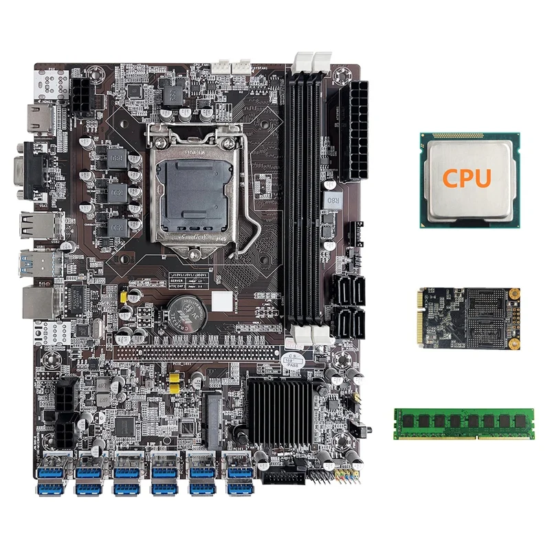 

B75 ETH Mining LGA1155 Motherboard 12 PCIE To USB With Random CPU +MSATA SSD 64G +DDR3 4GB 1600Mhz RAM (Black)