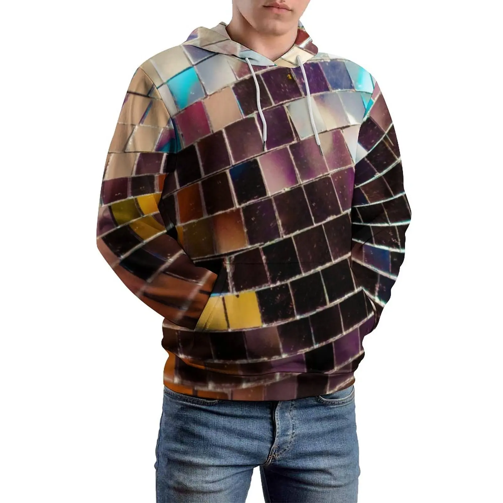 

Mirrored Disco Ball Loose Hoodies Sequins Print Hip Hop Pullover Hoodie Men Long Sleeve Oversize Casual Pattern Clothing