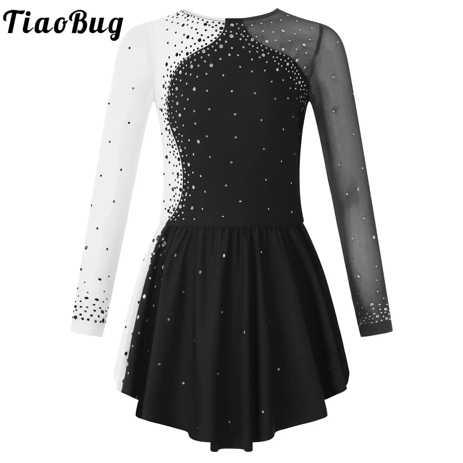 

Kids Girls Stylish Clothing Long Sleeve Round Neckline Shiny Rhinestone Decorated Patchwork Contrast Color Skating Dance Dress