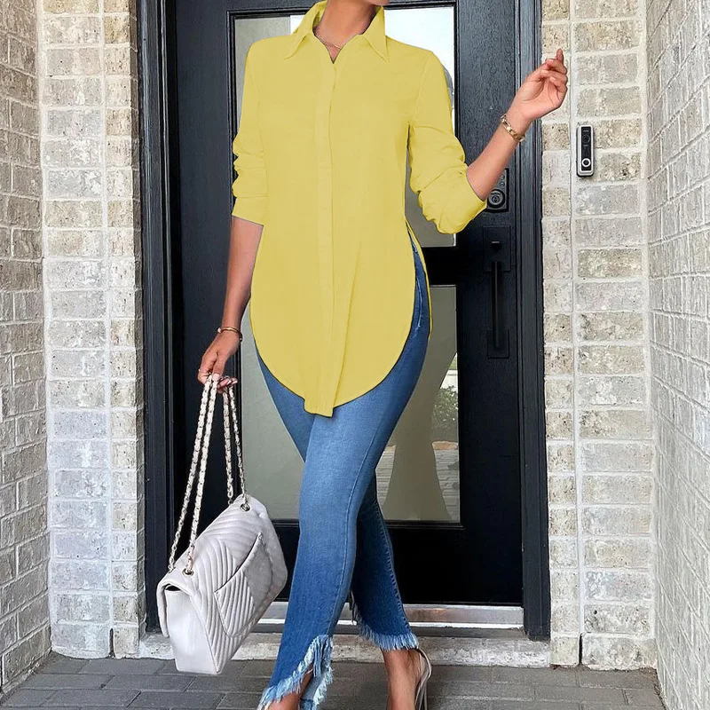 

2022 Autumn Simple Long Sleeve V-Neck Button Women's Shirt Women Blouse Solid Color Collared Shirt Womens