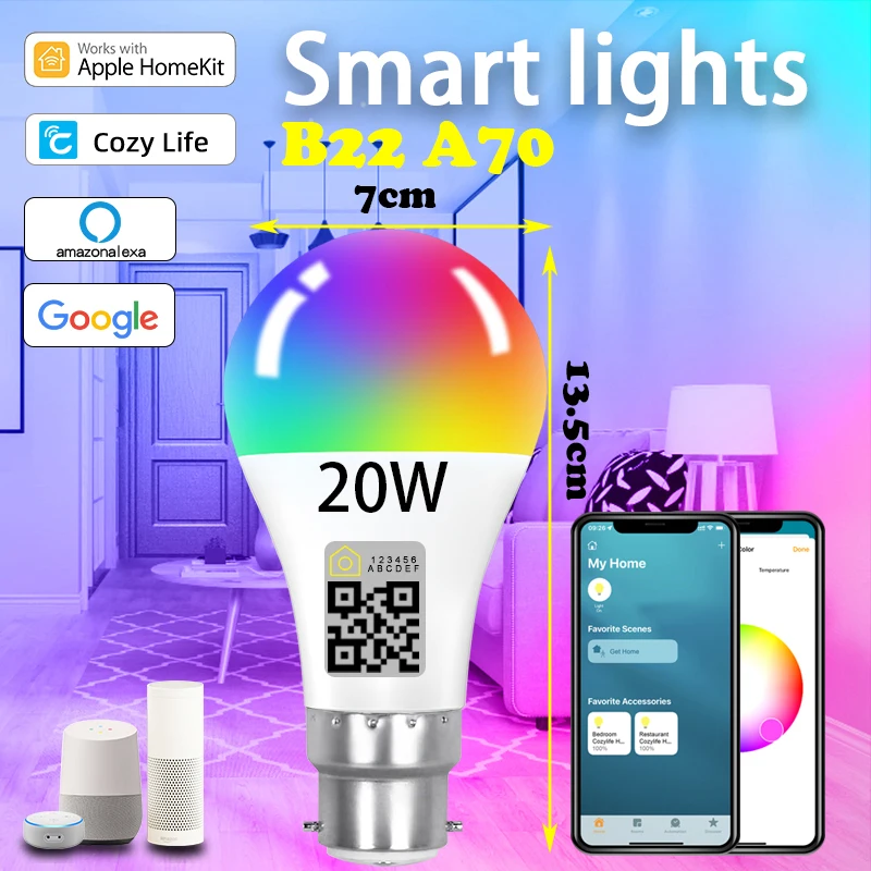 Умная светодиодная лампочка B22 RGBCW 15W18W20W Wi-Fi совместимая для дома Alexa Google Home Apple Homekit