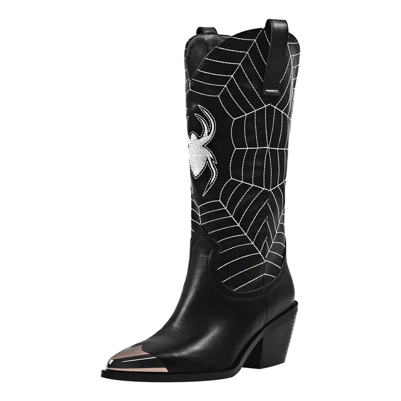 Onlymaker Women's Black Pointed Toe  Embroidery Spider Webs Metal Pointed Toe  Fashion Handmade Female Cowboy Boots