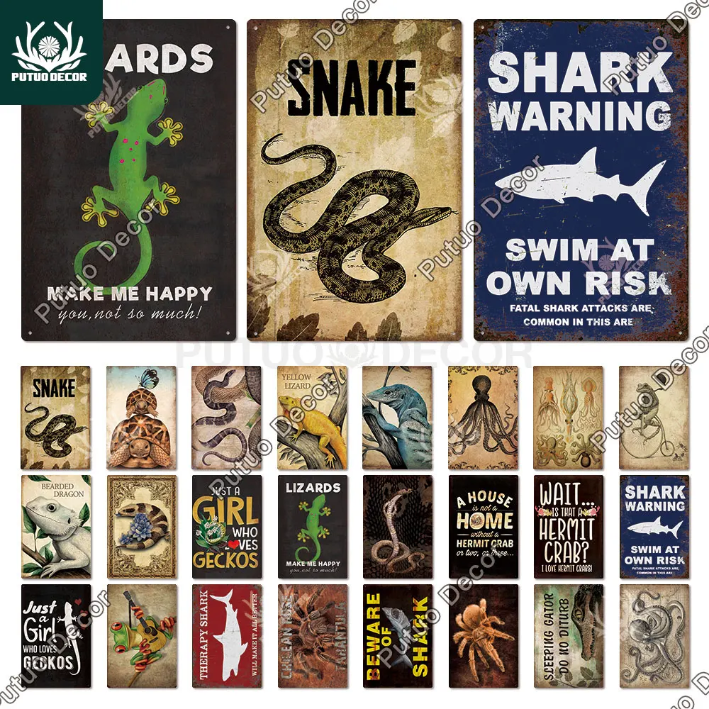 

Putuo Decor Cold-blooded Animal Vintage Metals Tin Sign Lizard Spider Shark Funny Sign for Bar Pub Club Man Cave Wall Decoration