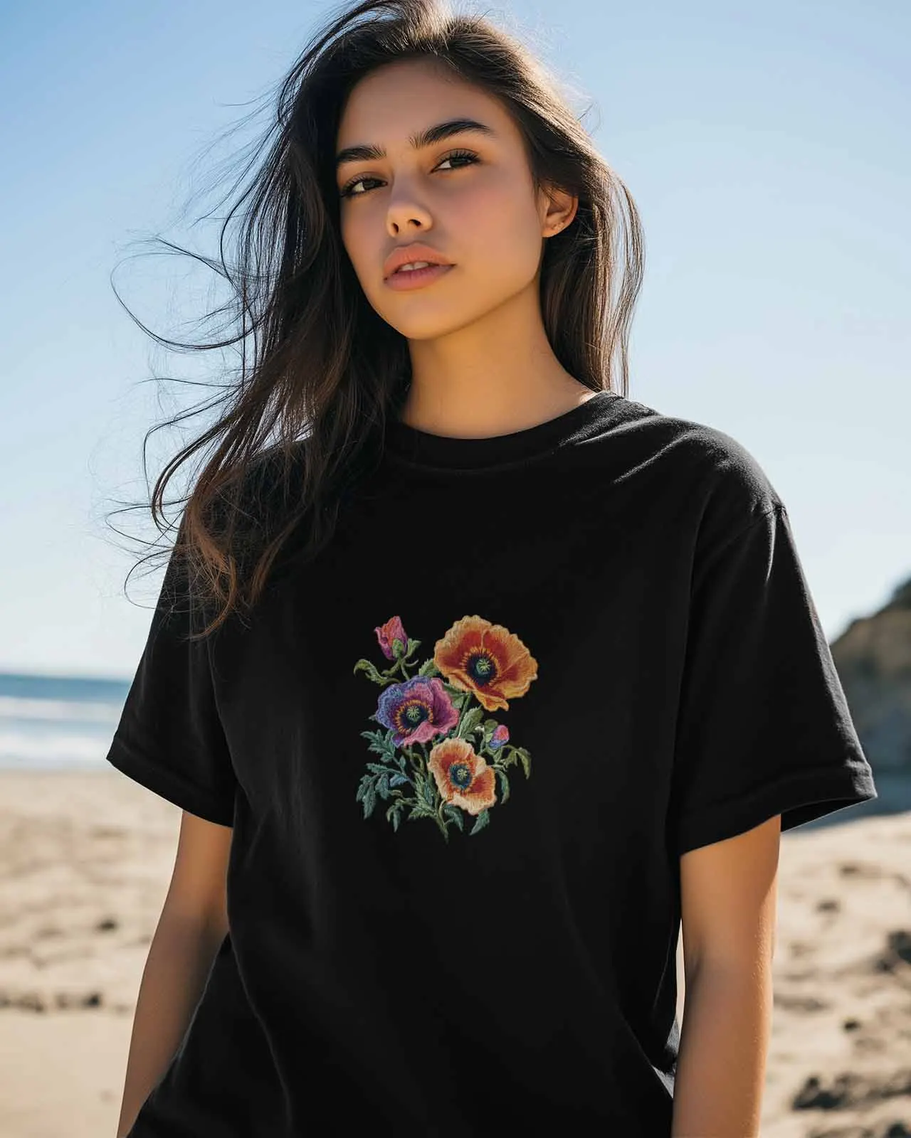Женские топы футболки красочные с вышитыми цветами мака повседневные круглым