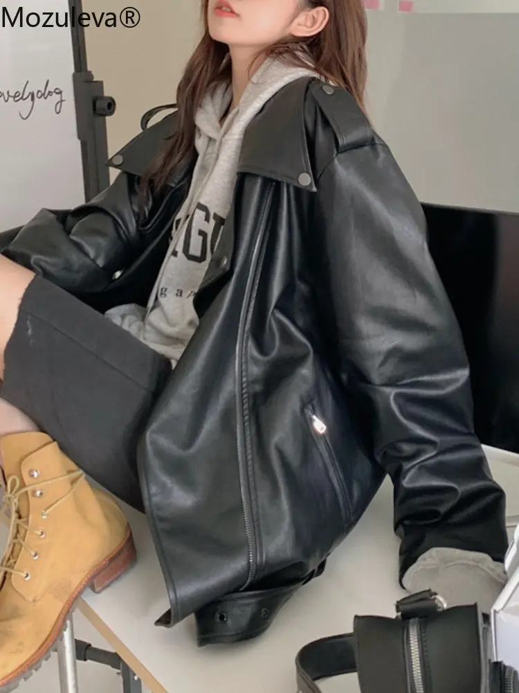 

Mozuleva Spring Retro Soft Faux Leather Pu Jacket Women Loose Punk Coat Female Lapel Moto Biker Rivet Zipper Street Overcoat