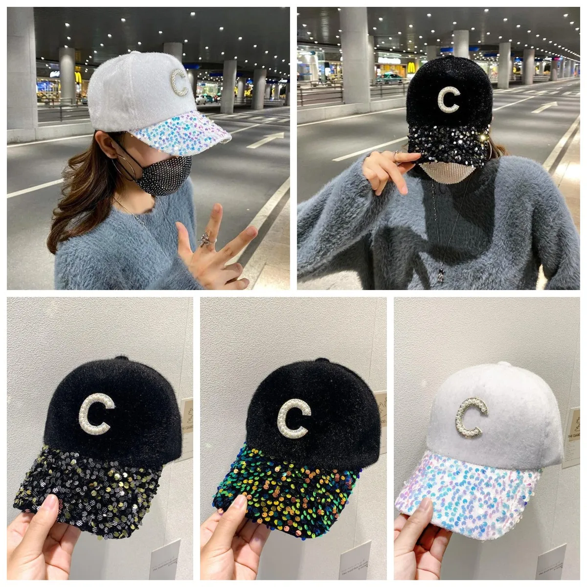 

2023 New Rhinestone Sequin Adjustable Women Girls Hats Letter C Baseball Cap Summer Female Snapback Hip Hop Caps Casual Sun Hat