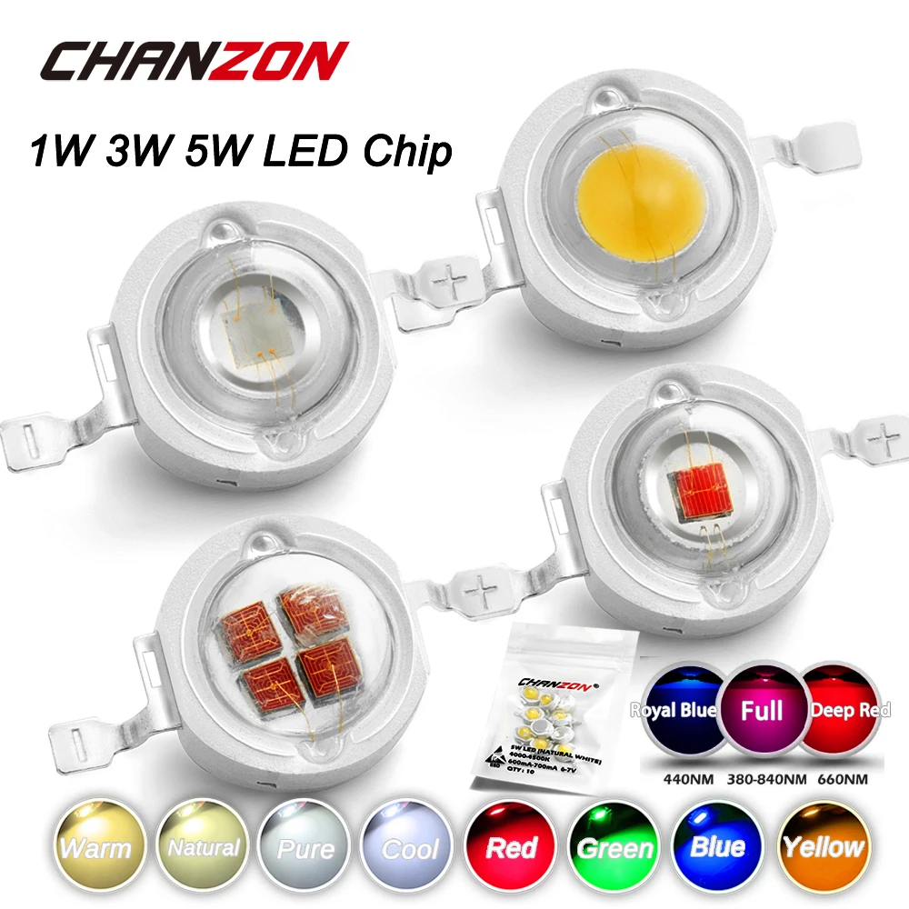 1W 3W 5W Warm Natural Cold White Led Chips Bulb High Power Intensity Red Blue Green Yellow Full Spectrum Grow Light Lamp