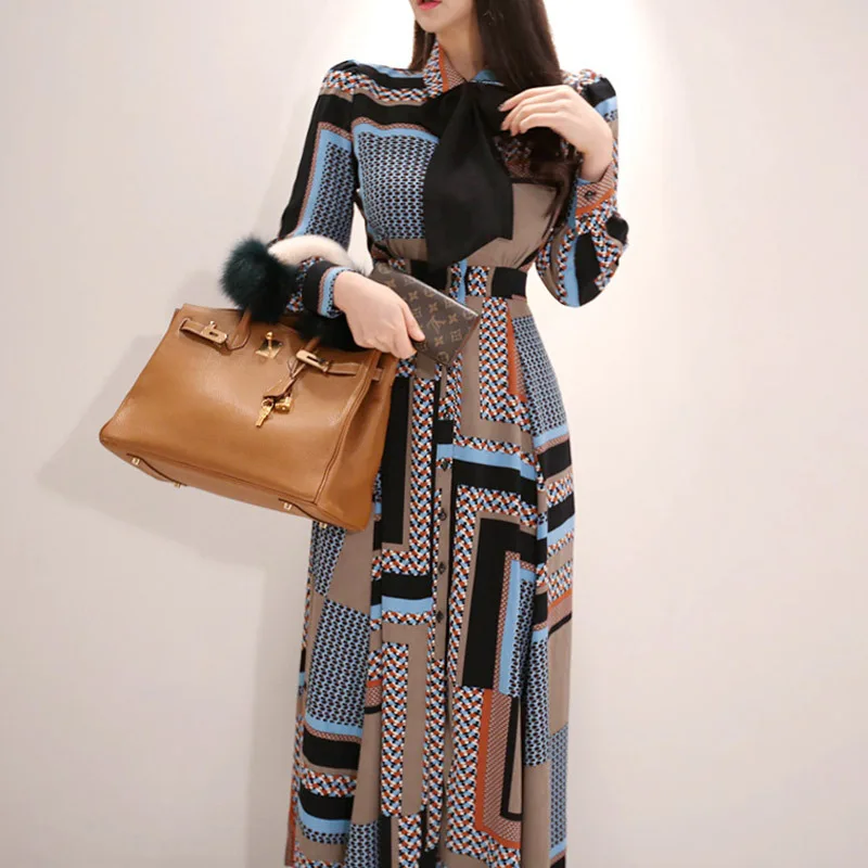 

2023 Women Spring Full Sleeve Turn-down Collar Ankle-length Casual Office Lady Dress Elegant Print Work Max Dresses Vestidos