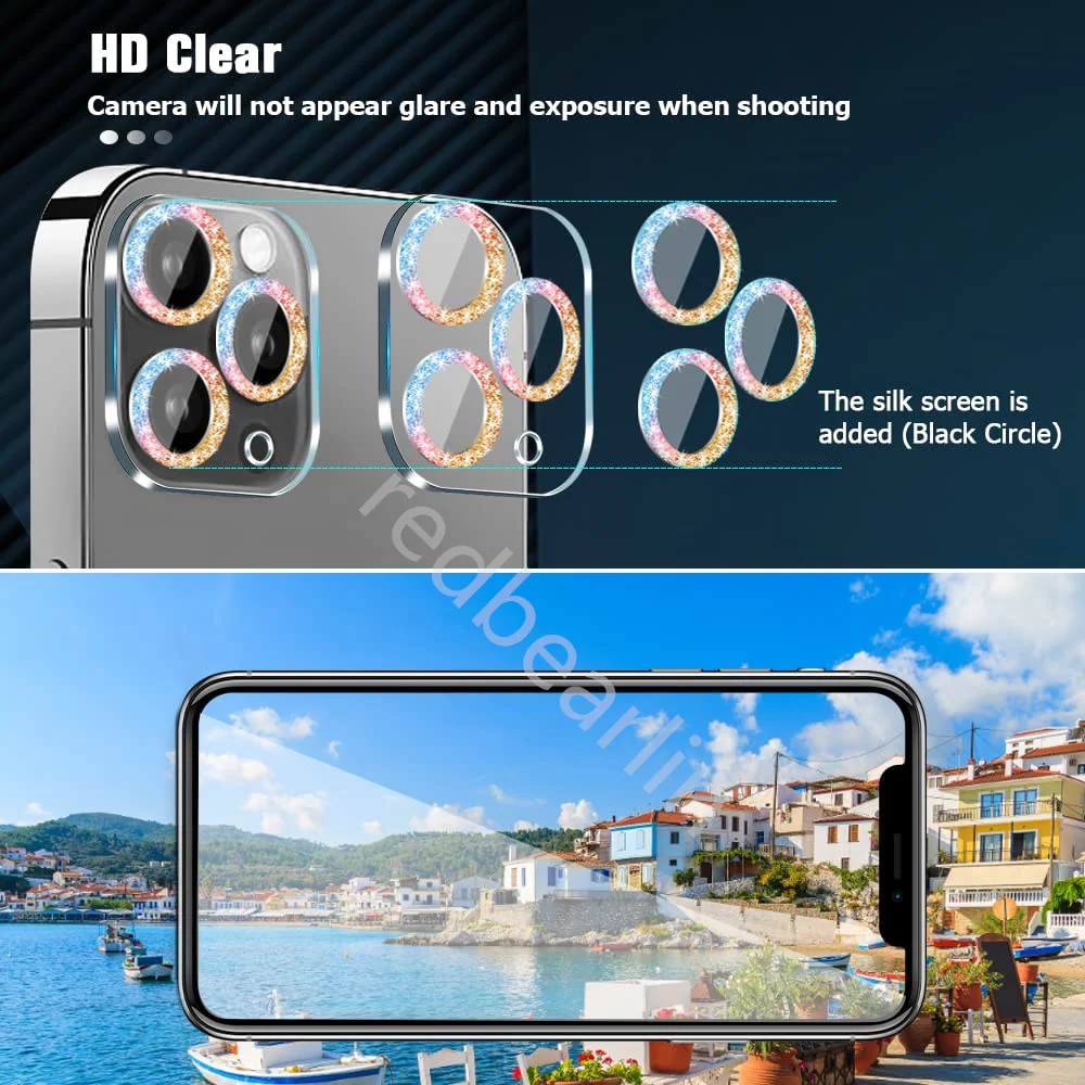 100pcs One Piece Glitter Diamond Camera Lens Protector for IPhone 11 12 13 14 Pro Max Back Lens Protective Glass Cover