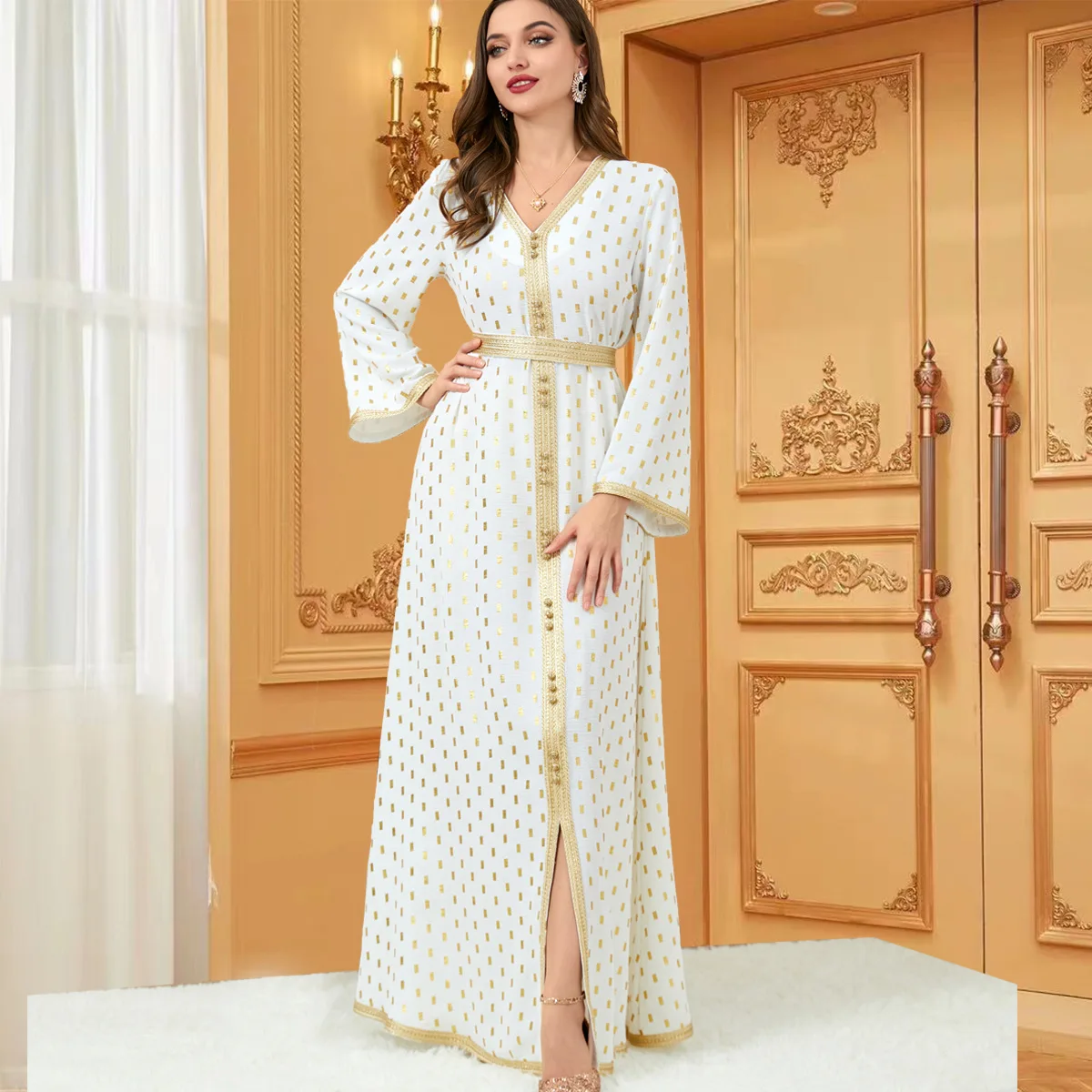 Abayas for Women Dubai Elegant V-neck Long Sleeve Ribbon Button Turkey Arabic Oman Moroccan Caftan Muslim Fashion Female Clothes